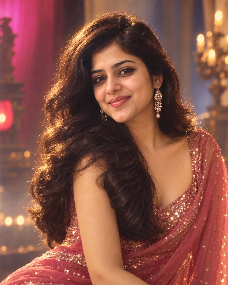 1980s Hindi film still style test result with glossy waves, kohl eyeliner and warm tungsten light