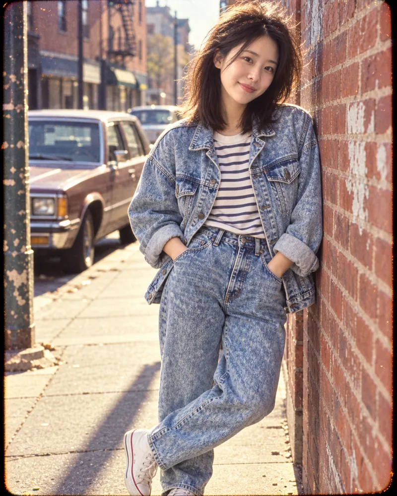 1980s street style test result with an acid-wash denim jacket against a brick wall