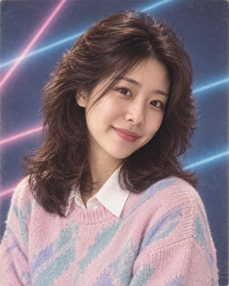 1980s American yearbook photo test result with a blue laser-beam backdrop and pastel sweater