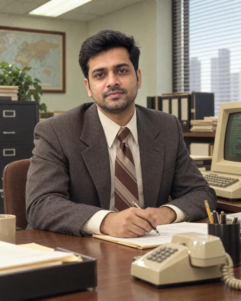1980s corporate office portrait test result with a beige computer terminal and fluorescent light