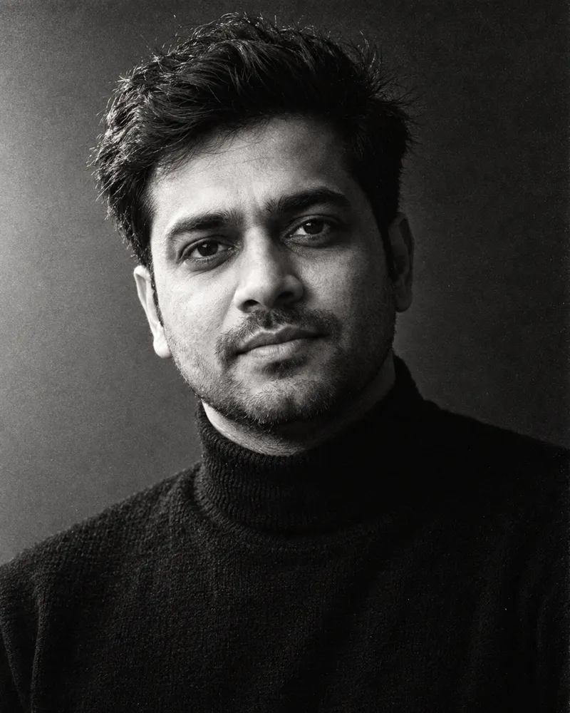 Black-and-white 1980s editorial portrait test result with strong side light and film grain