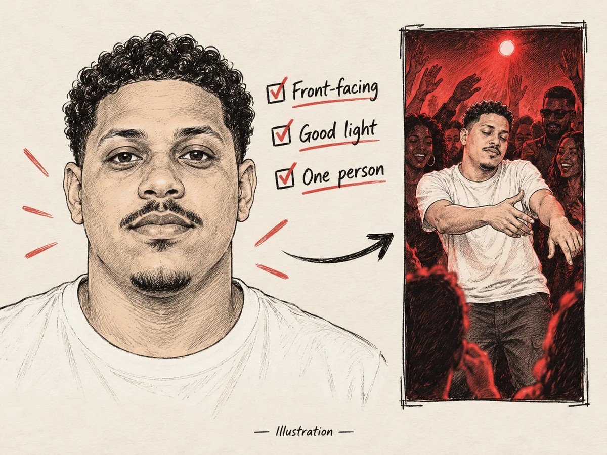 Illustration: one front-facing adult portrait with good-light and one-person checks, leading to a red-room freestyle recast