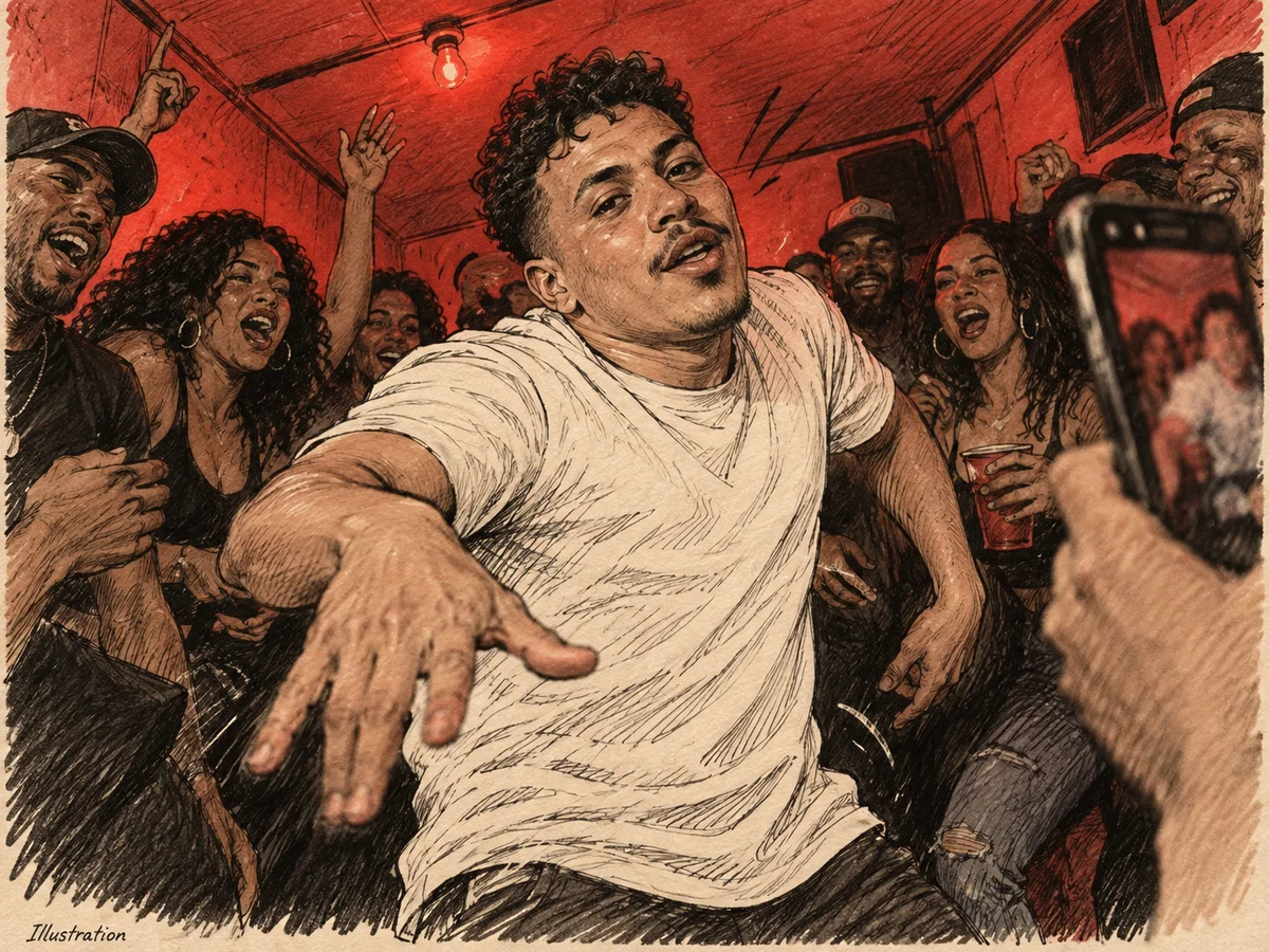 Illustration: a fictional adult performs a dembow freestyle in a red-lit room amid a crowd and handheld phones