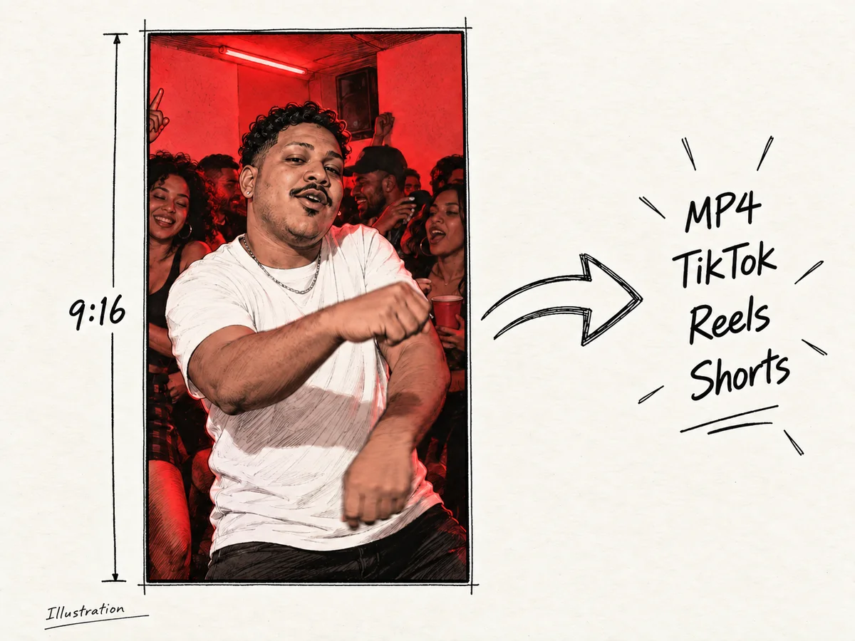 Illustration: a 9:16 vertical freestyle short in a red-lit crowded room, ready to share as an MP4 on TikTok, Reels, or Shorts