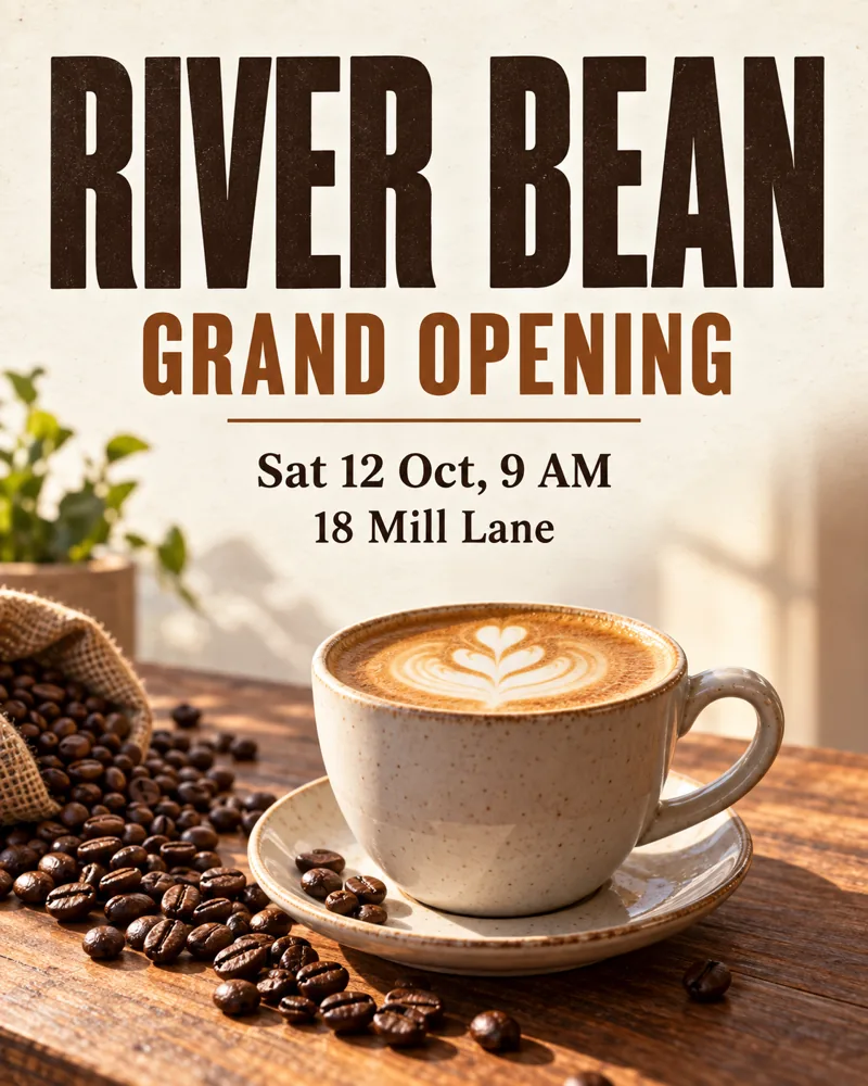 Illustration of the text-rich coffee poster workflow with a legible headline, subhead, date, and venue
