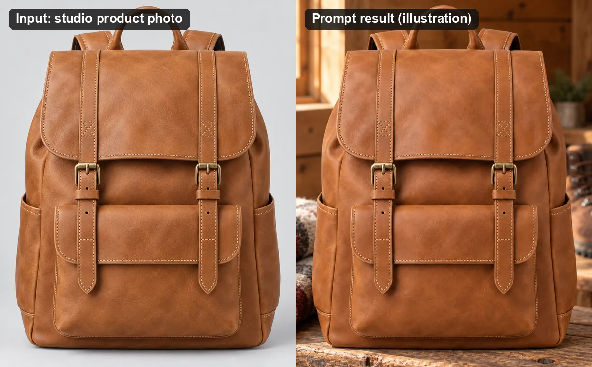Input studio photo of a leather backpack beside the edited scene with the same product on a cabin bench