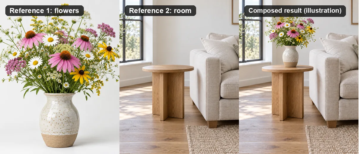 Two reference images of flowers and a living room beside the composed interior with the flowers placed on the table