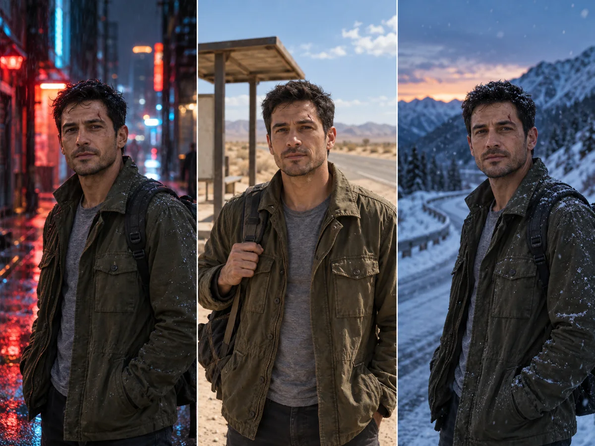 The same fictional courier character shown in a rain-soaked alley and at a sunlit desert bus stop