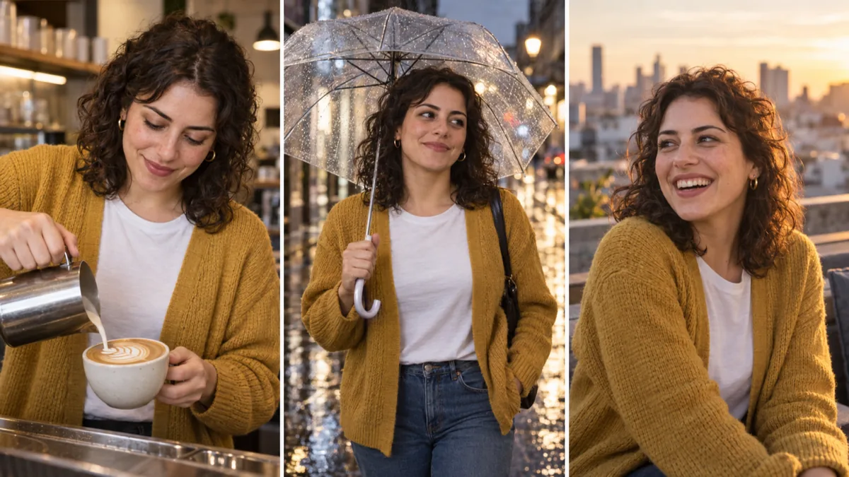 Illustration, not a Nano Banana 2.1 output: a triptych of the same curly-haired woman in a mustard cardigan pouring a latte in a cafe, holding an umbrella on a rainy street and laughing on a rooftop at sunset