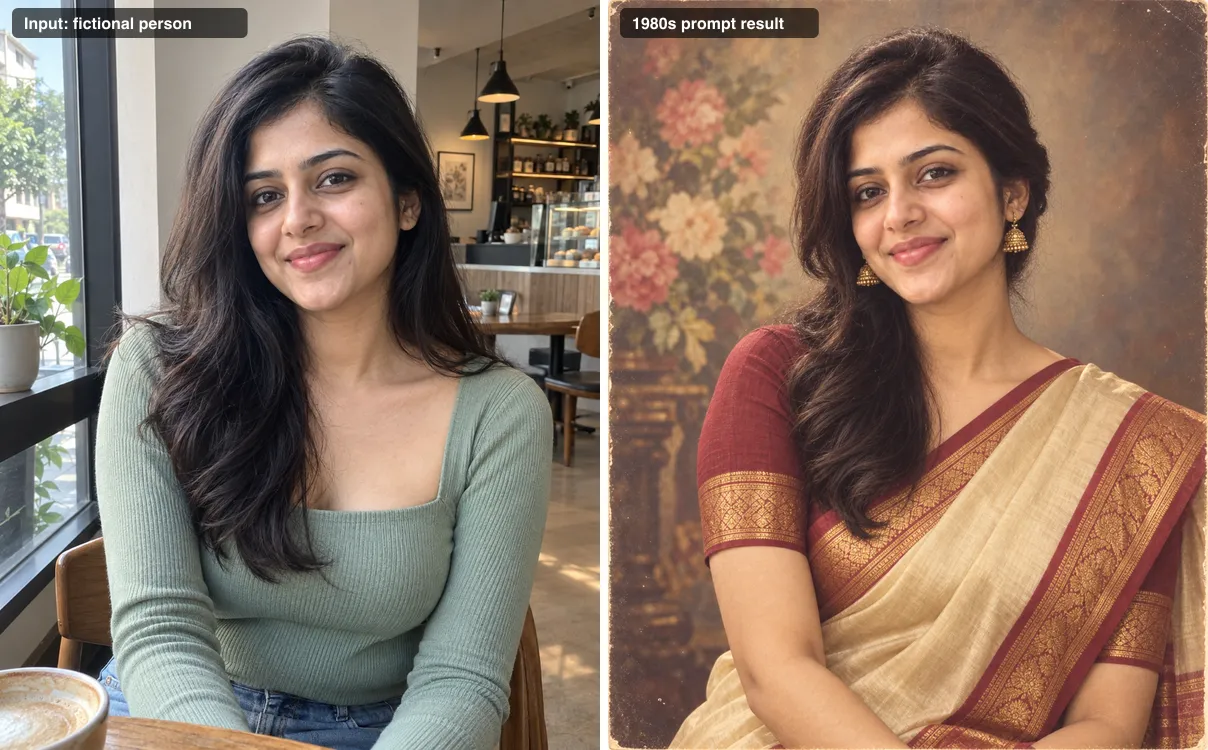 Fictional modern input portrait beside the 1980s Indian saree studio portrait test result