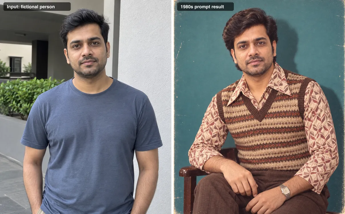 Fictional modern input portrait beside the 1980s Indian men's studio portrait test result