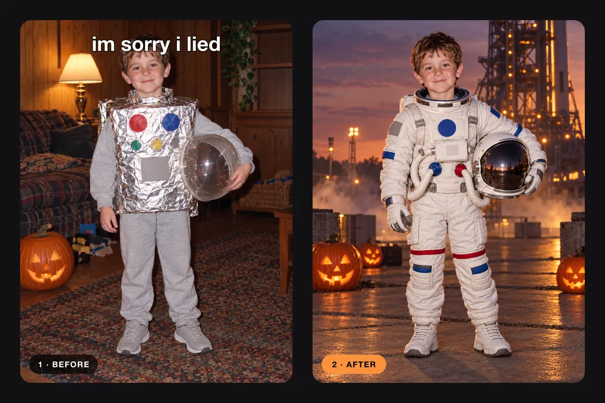 A childhood snapshot of a boy in a foil-covered cardboard box astronaut costume next to the same boy in a realistic white space suit