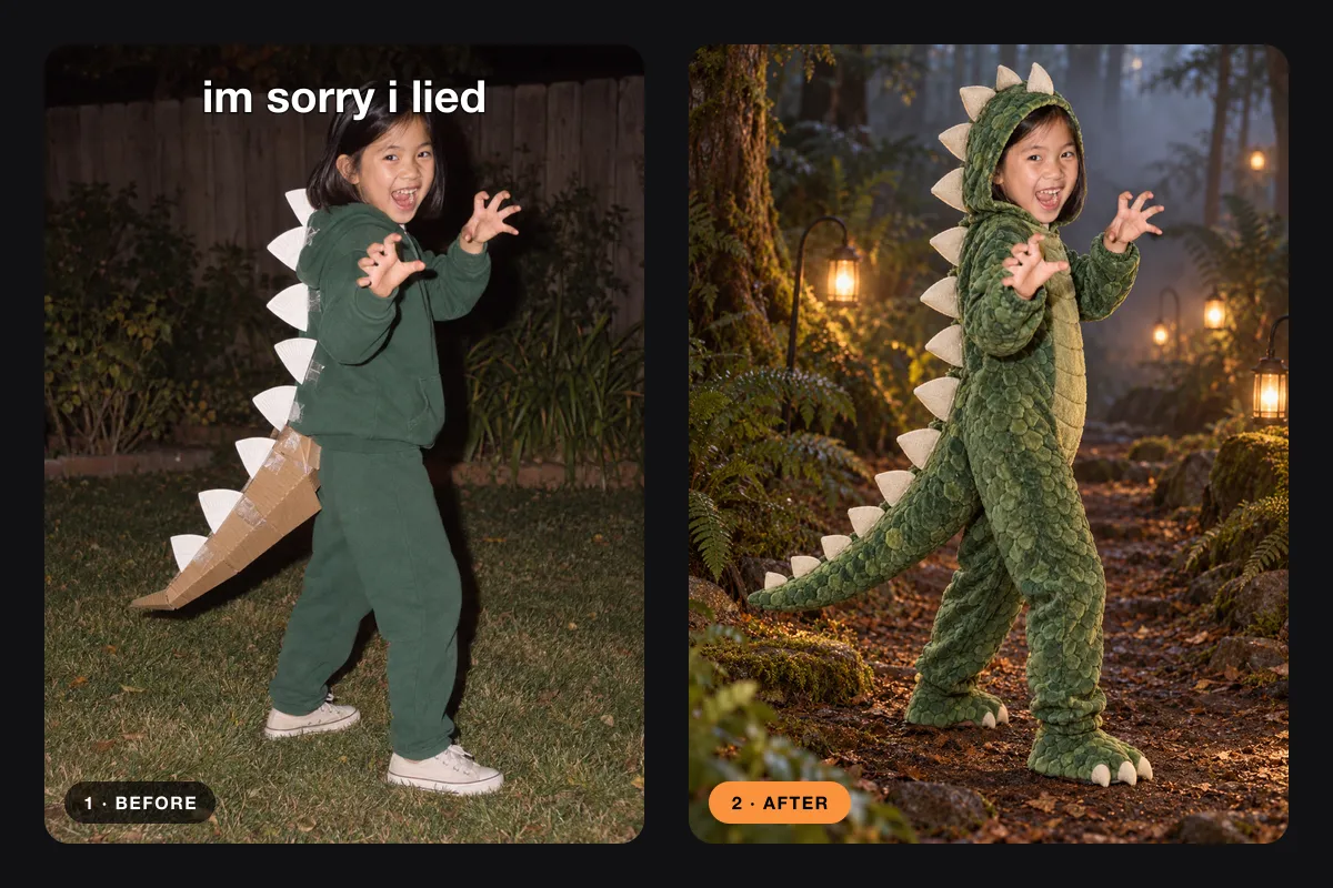 A girl in a green hoodie with paper-plate spikes next to the same girl in a detailed dinosaur costume in a fern forest