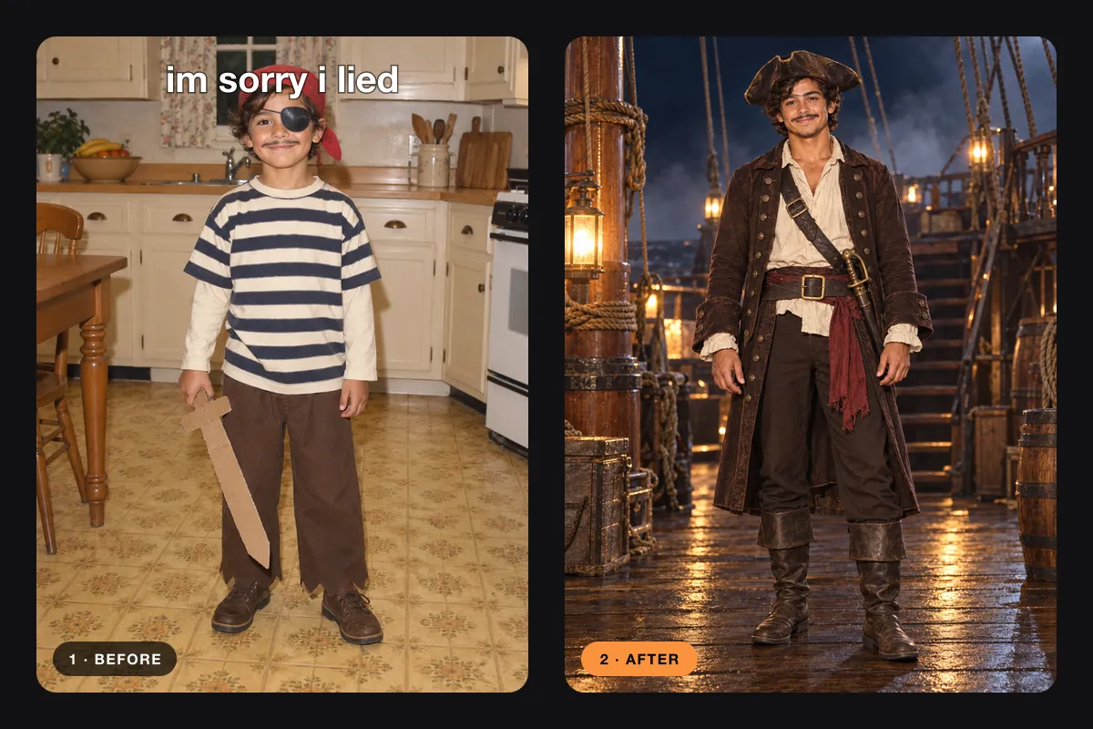 A boy in a striped shirt, bandana and eye patch next to the same person as an adult pirate captain on a ship deck