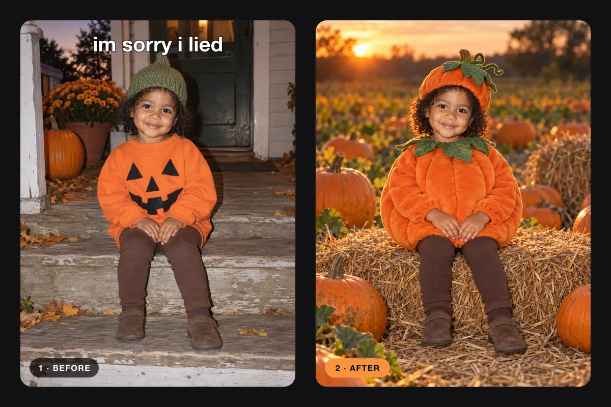 A toddler in an orange sweatshirt with felt pumpkin eyes next to the same toddler in a plush pumpkin costume in a pumpkin patch