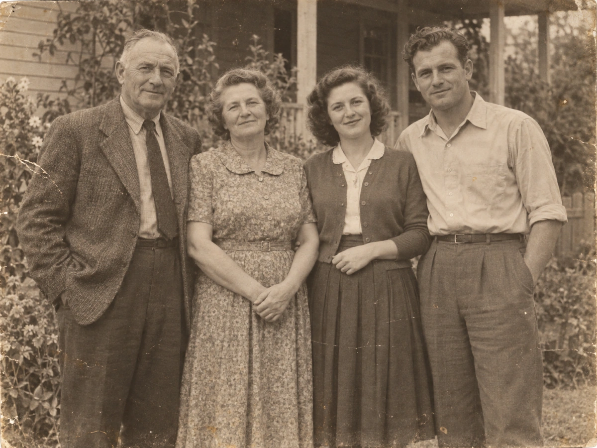 Illustrative simulated faded family group, original, not a measured production restoration