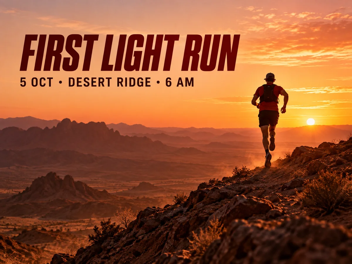 Trail-race event poster with a legible FIRST LIGHT RUN headline, sunrise ridge, and small runner silhouette