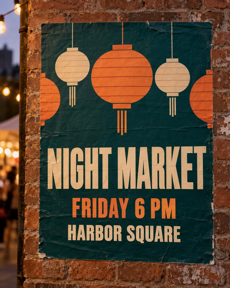 Illustration, not a Nano Banana 2.1 output: a vertical night market poster with the exact lines NIGHT MARKET, FRIDAY 6 PM and HARBOR SQUARE over lantern-lit market stalls