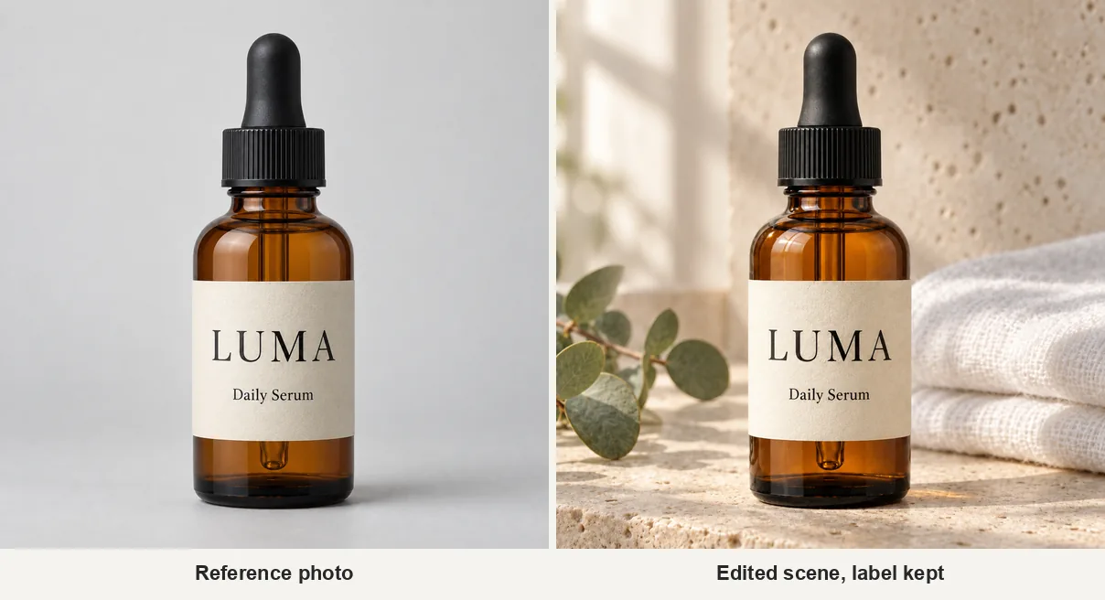 Illustration, not a Nano Banana 2.1 output: the same amber LUMA Daily Serum bottle shown as a studio reference photo and as an edited scene on a travertine shelf with eucalyptus, label unchanged