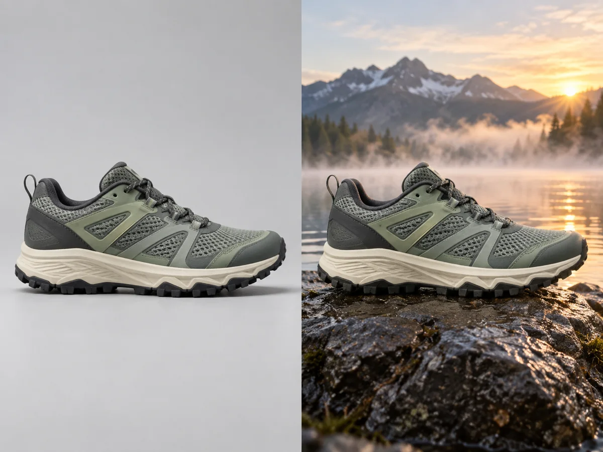Input studio shoe beside the same shoe restaged on a wet rock above a mountain lake at sunrise