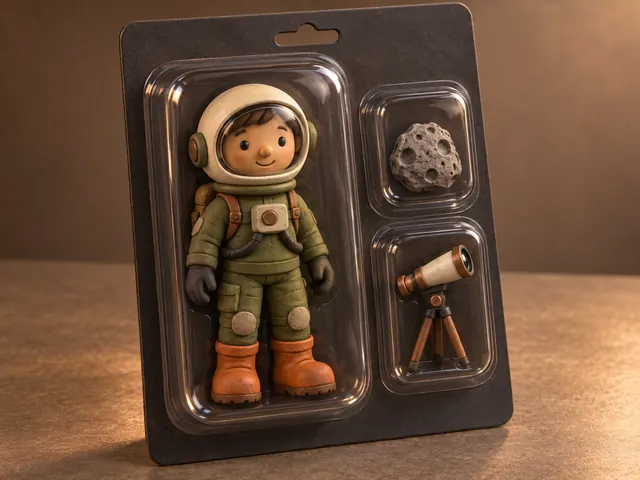 Original clay space explorer figure and two accessories in simple blister packaging