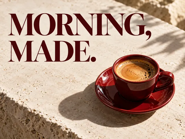Illustrative coffee campaign poster with a red espresso cup and the headline MORNING, MADE.