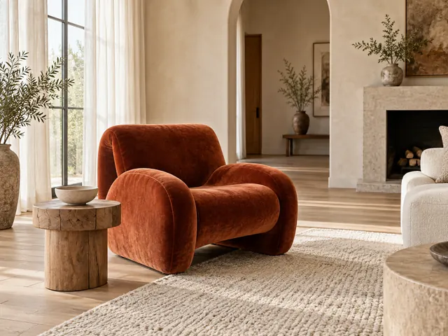 Illustrative living room with a rust velvet chair, oak table and cream walls