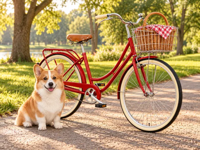 Illustrative composite result: a red bicycle with a wicker basket in front and a corgi beside it on a park path at golden hour