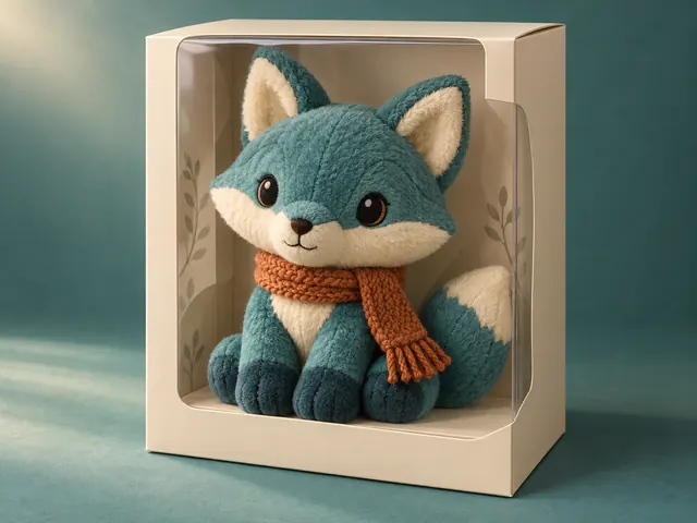 Original teal plush fox with embroidered features in an unbranded display box