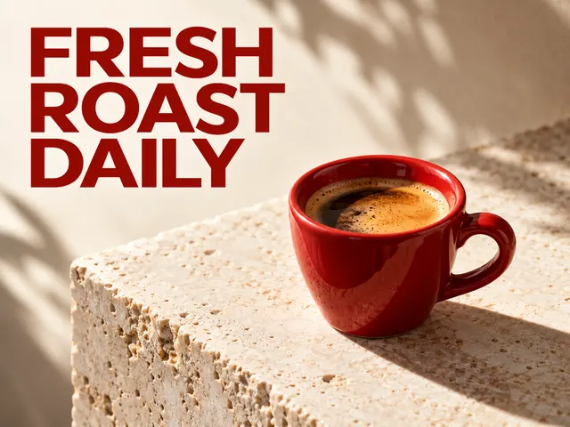 Illustrative coffee campaign poster with a red cup and a single headline