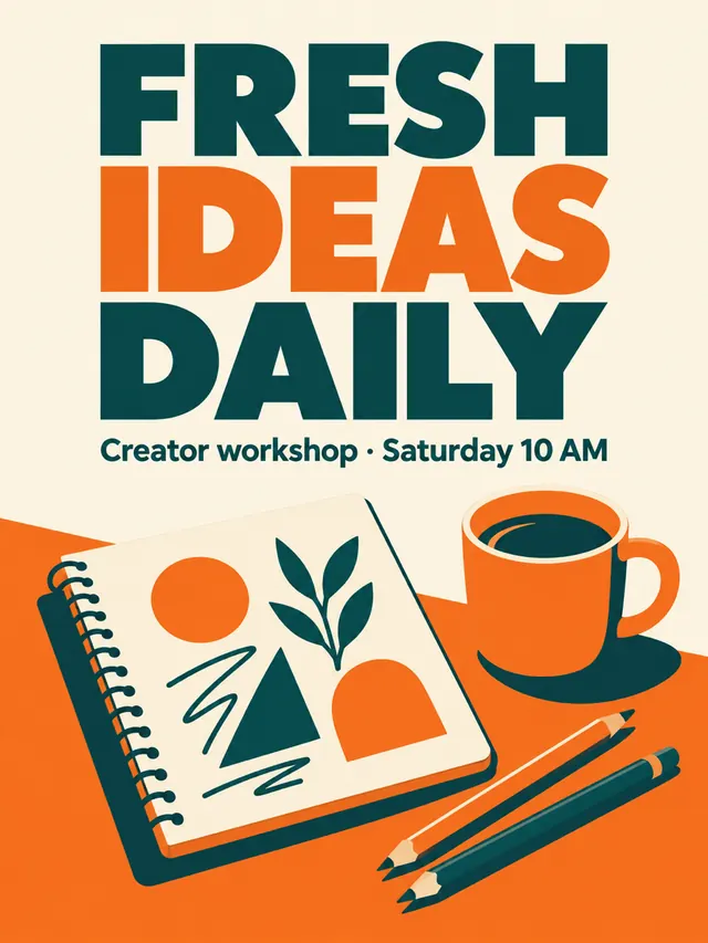 Illustrative creator workshop poster with the headline FRESH IDEAS DAILY above a sketchbook, pencils and a coffee cup
