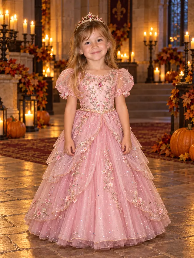 The same girl in a layered pink tulle ball gown with floral embroidery in a candlelit hall with pumpkins
