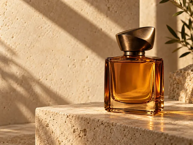 Illustrative amber perfume bottle campaign on warm limestone with soft directional lighting
