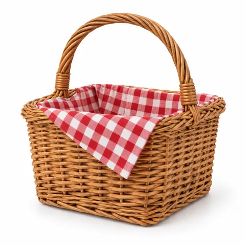 Illustrative reference 3: a wicker basket with a checked cloth