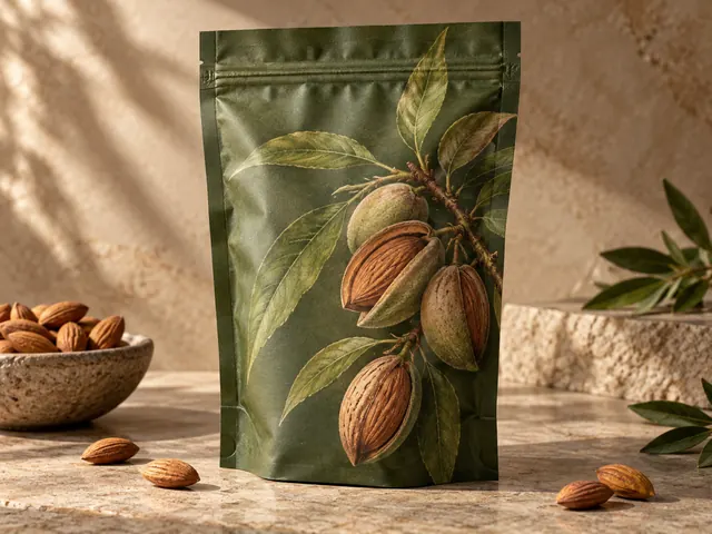 AI packaging design concept of a matte stand-up food pouch with a large graphic panel
