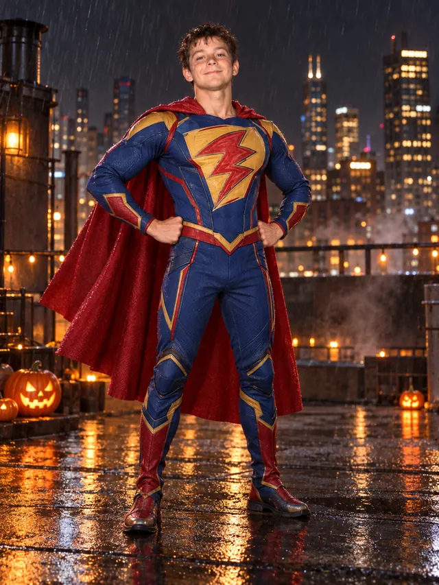 The same person as an adult in a tailored blue and red superhero suit with his lightning bolt emblem on a rainy rooftop