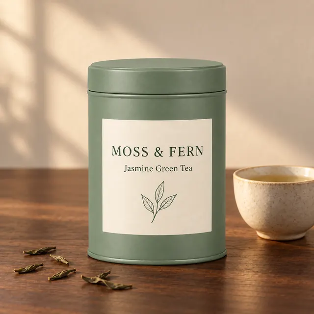 Illustrative edited result: the same MOSS & FERN tea tin on a walnut table with a teacup and loose leaves in warm light