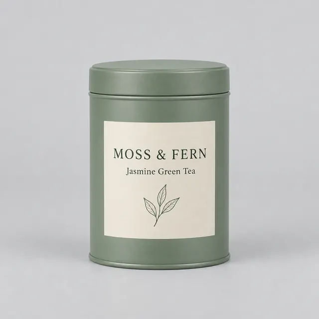 Illustrative original product photo of a sage tea tin labelled MOSS & FERN Jasmine Green Tea on a plain background