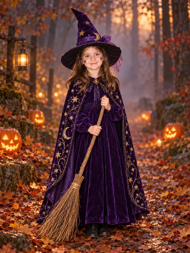 The same girl in a purple velvet witch dress and embroidered star cape holding a broom on an autumn forest path