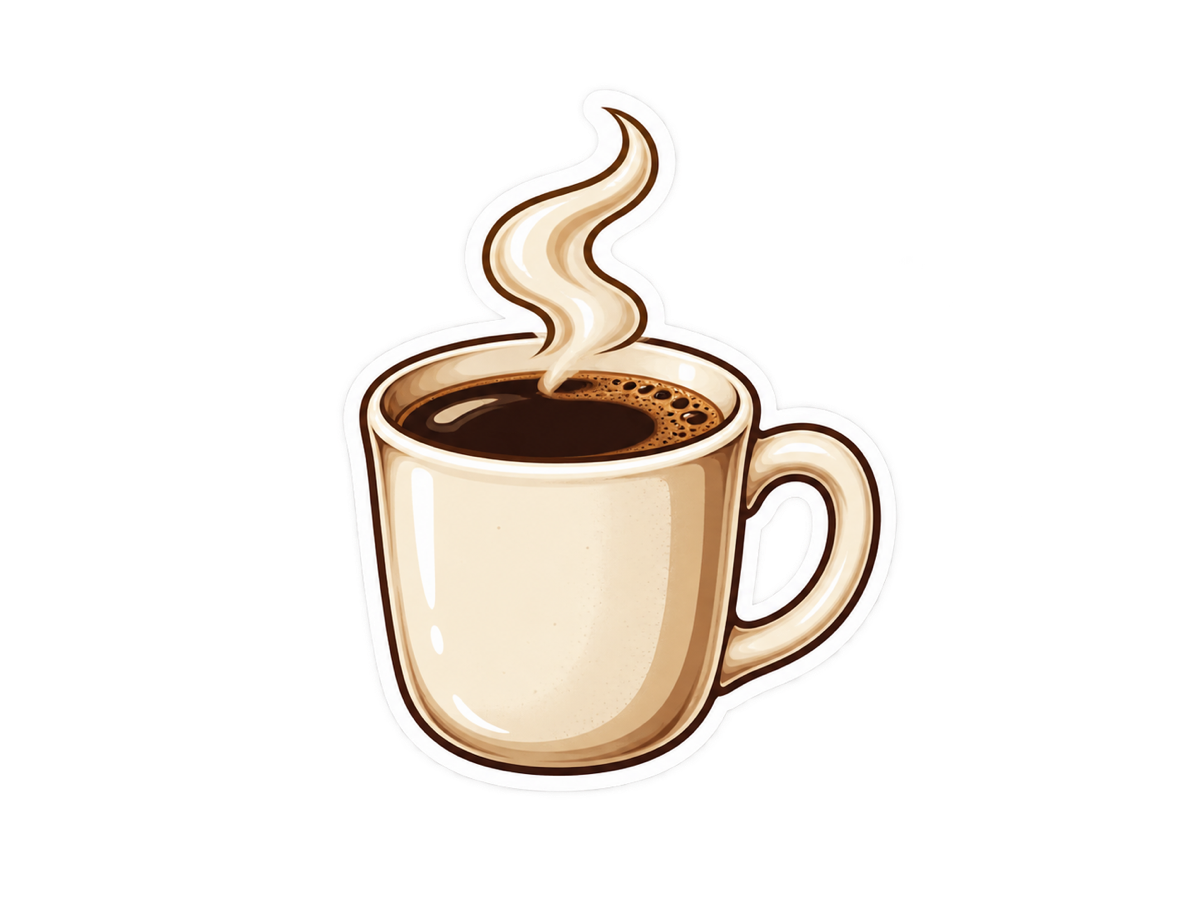 Vinyl die-cut coffee cup sticker with a white contour on a transparent background
