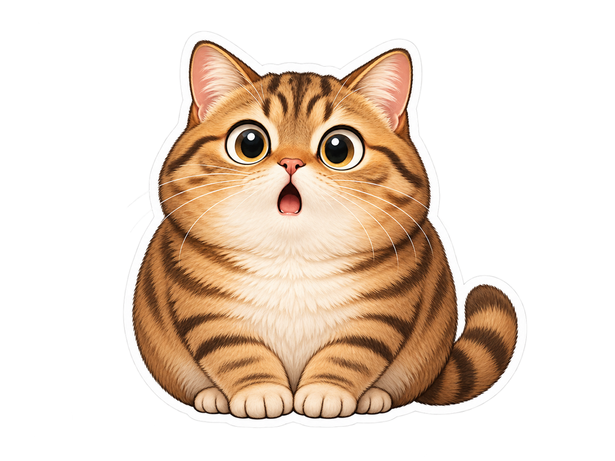 Kawaii pet reaction sticker of a tabby cat with a white die-cut outline