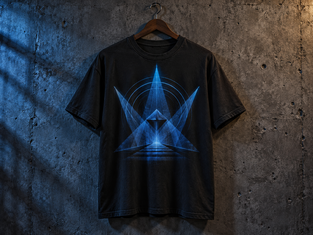 Cobalt geometric print with an editable band-name slogan on a dark shirt mockup