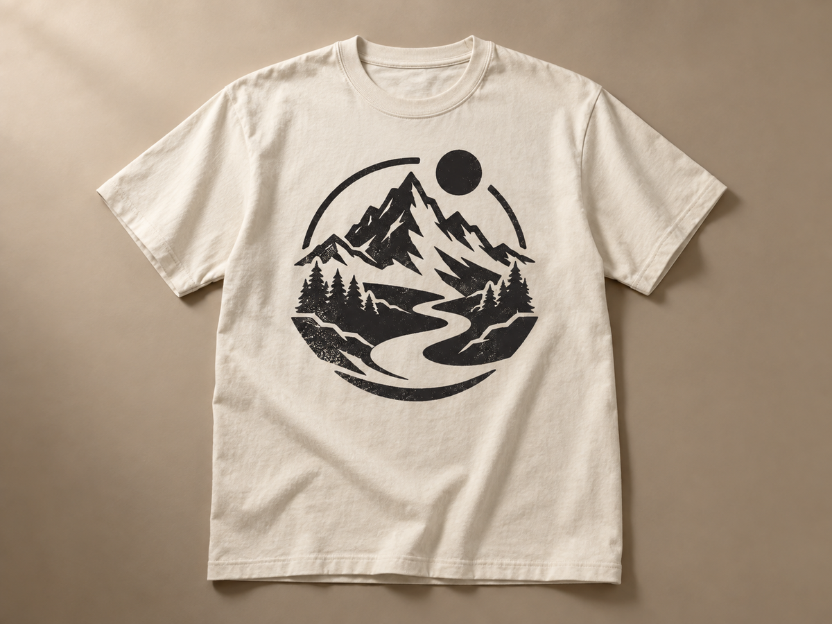 Black street graphic trail emblem printed on the front of a light shirt mockup