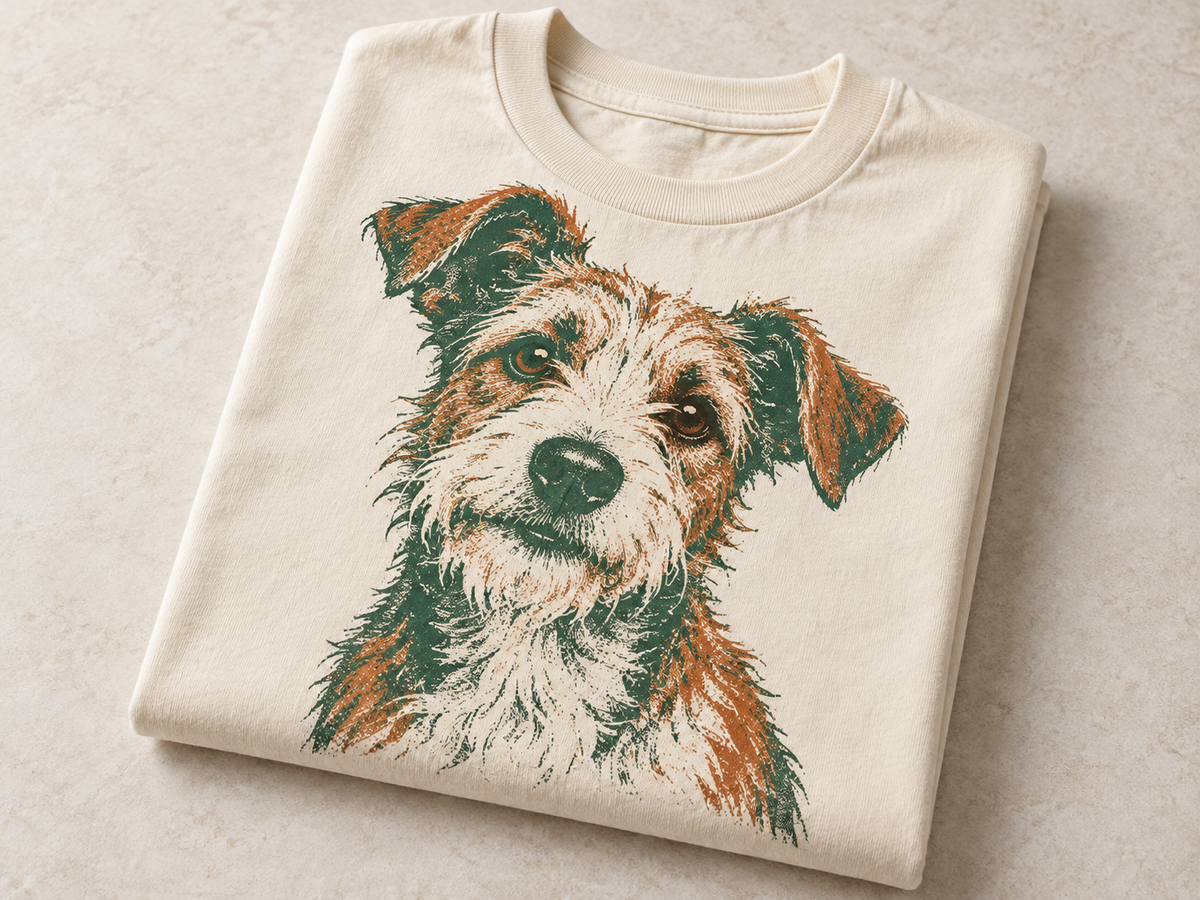 Retro pet illustration print placed on a light shirt mockup for print on demand